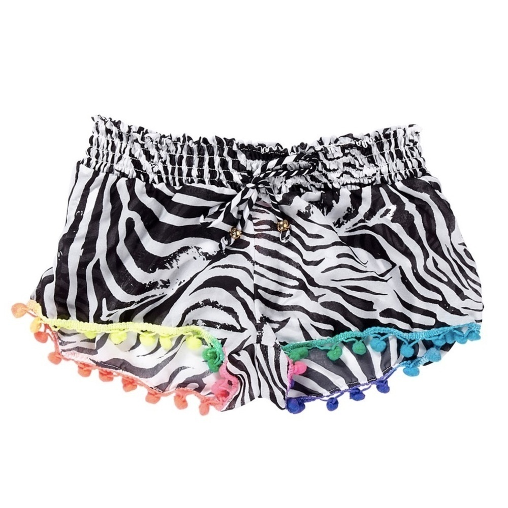 Pilyq African Rays Zebra Pom Pom Chiffon Coverup Shorts Sz. L NWT